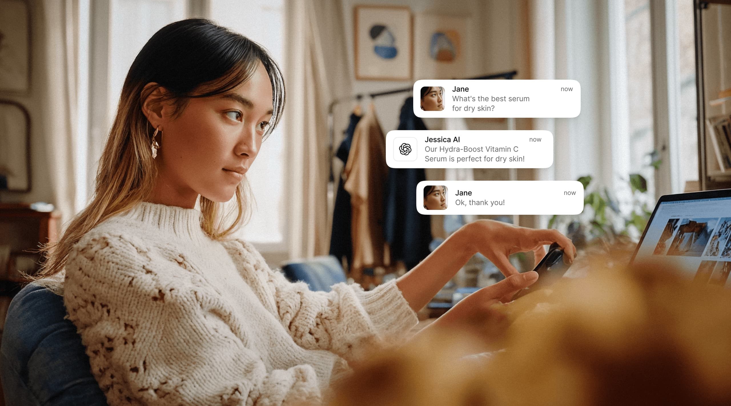 A woman using a laptop and smartphone while digital chat bubbles display a conversation about skincare serums