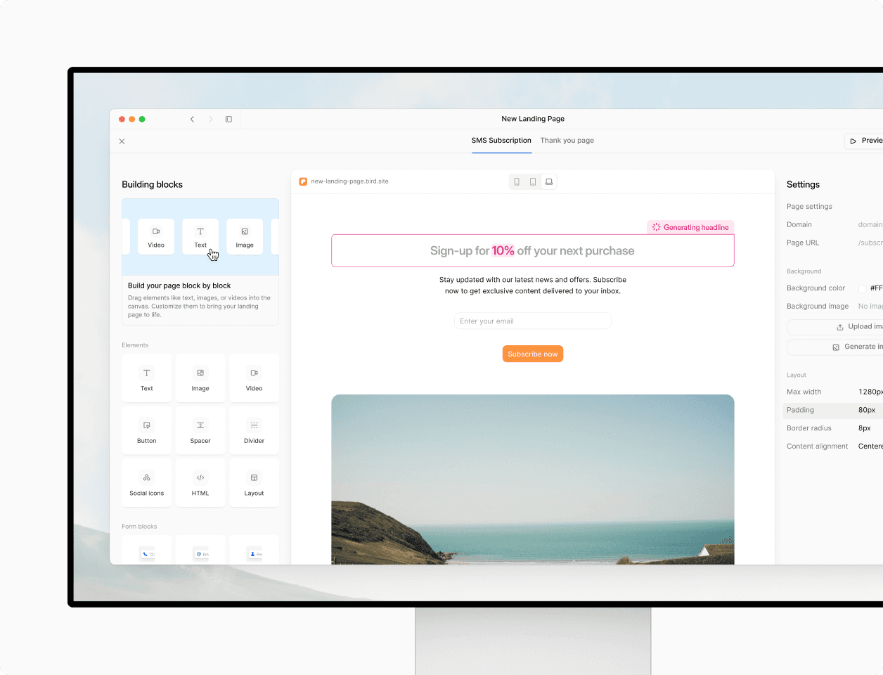 Template editor emphasizing embedded forms for capturing emails and phone numbers