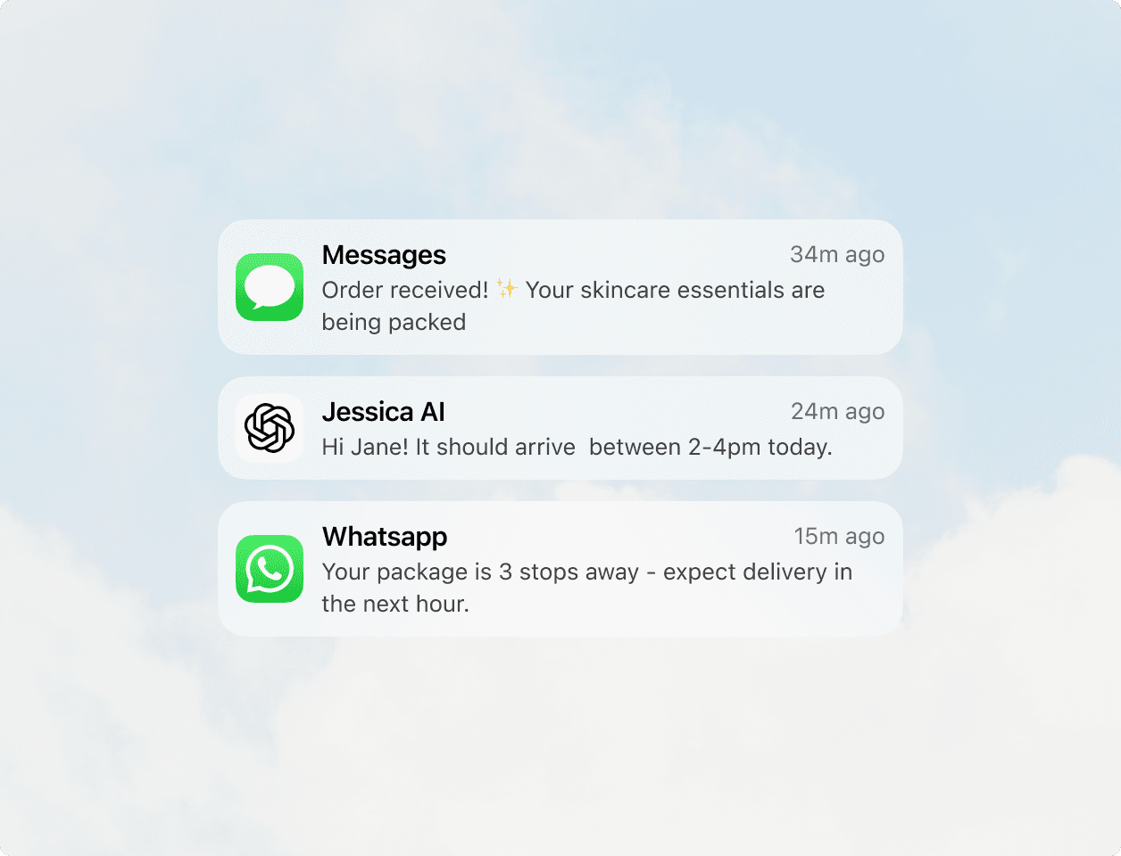 Three mobile notifications announce order processing and shipping updates