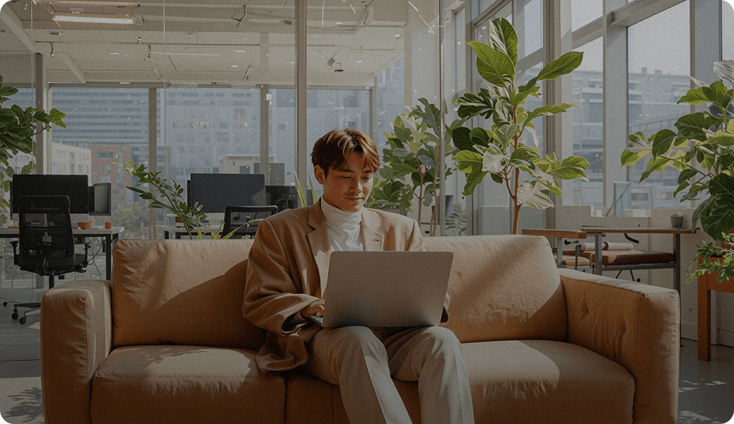 A man sits on a sofa in a sunlit modern office space with large windows using a laptop