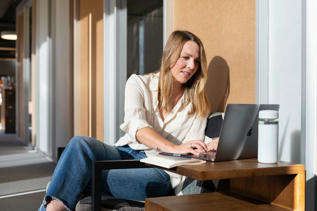 Support professional working with ALY AI on a laptop